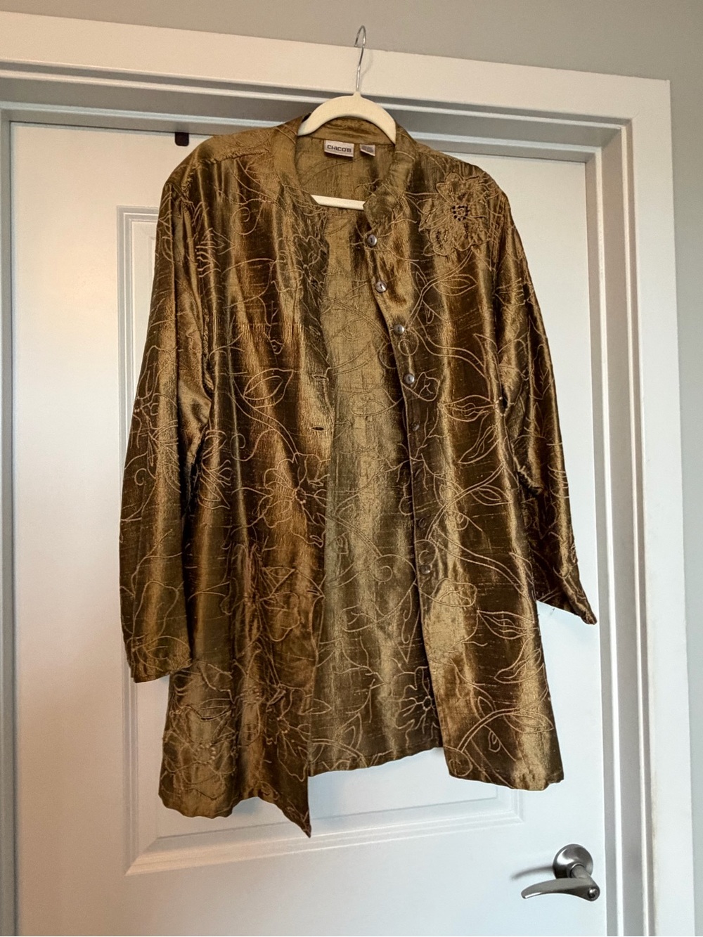 Chico’s Bronze Silk Embroidered Tunic Jacket Blouse Size 3 Floral Beaded Metalli